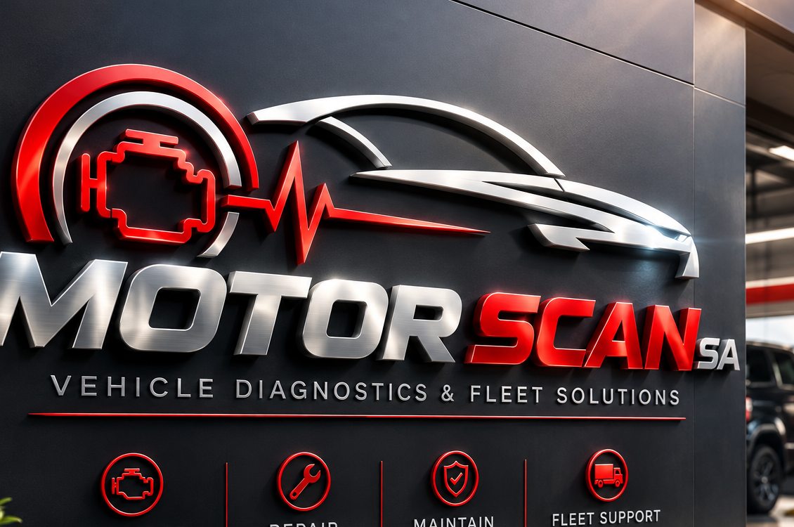 Motor Scan SA signage featuring the check-engine and heartbeat pulse mark beside a car silhouette